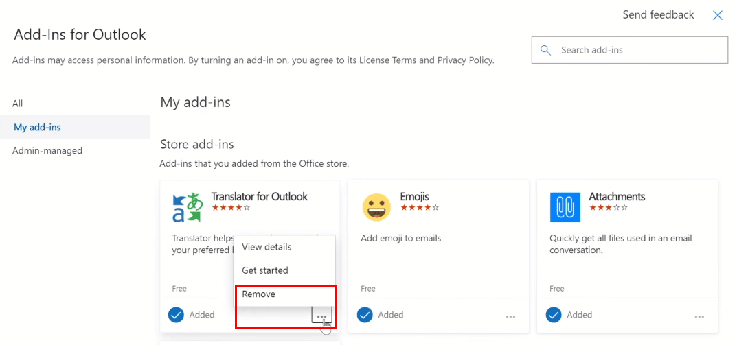 Sekarang klik pada opsi tiga titik (…) dan kemudian pilih opsi hapus untuk menghapus add-in atau ekstensi itu dari Outlook. | Apa itu Segitiga Kuning Outlook? | tanda seru pada ikon email Anda