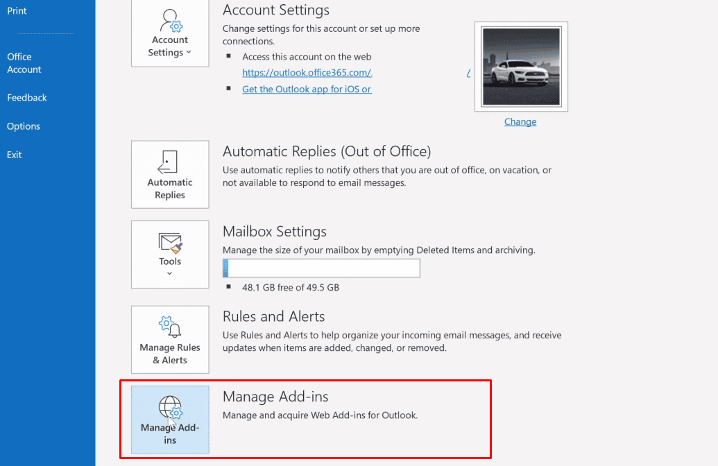 haga clic en la opción Administrar complementos para administrar y adquirir complementos web en Outlook