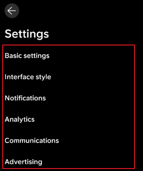 você chegará ao menu Configurações e verá as diferentes opções de configuração