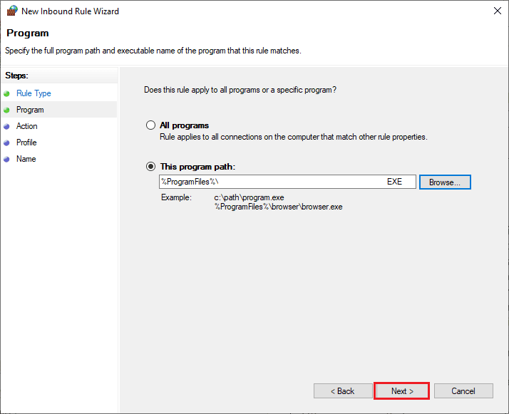 คลิกที่ Next ในหน้าต่าง New Inbound Rule Wizard แก้ไข Avast ไม่อัปเดตคำจำกัดความของไวรัส