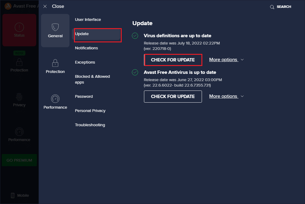 สลับไปที่แท็บอัปเดตแล้วคลิกปุ่มตรวจสอบการอัปเดต แก้ไข Avast ไม่อัปเดตคำจำกัดความของไวรัส