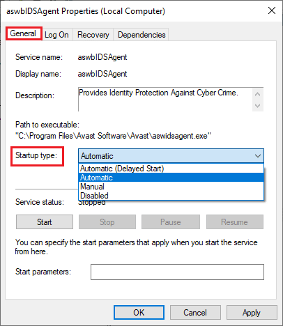 ubah jenis Startup menjadi Otomatis. Perbaiki Avast Tidak Memperbarui Definisi Virus