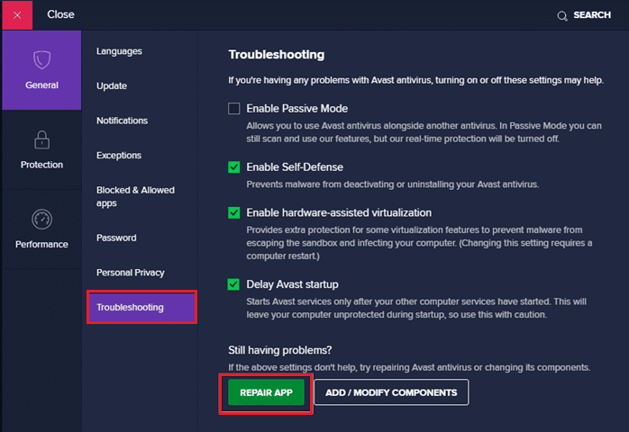 คลิกที่ Repair App Fix Avast Not Update Virus Definitions