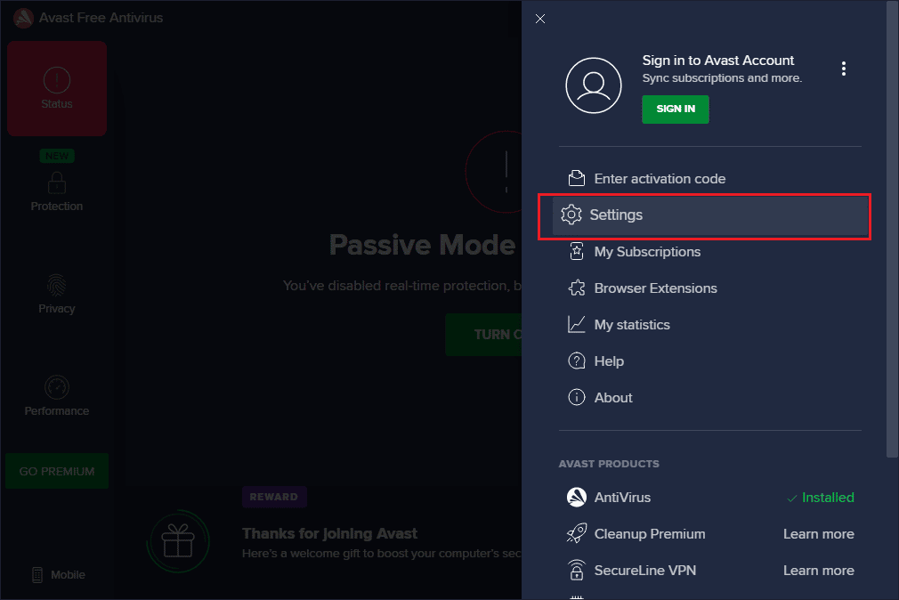 เปิด Avast Antivirus แล้วไปที่เมนูและการตั้งค่า