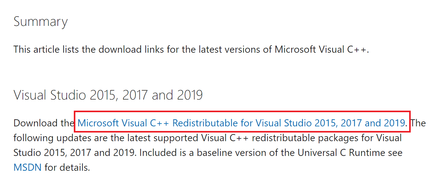 เยี่ยมชมเว็บไซต์ Microsoft เพื่อดาวน์โหลดแพ็คเกจ C ล่าสุด แก้ไข Forza Horizon 4 ไม่เปิดตัว