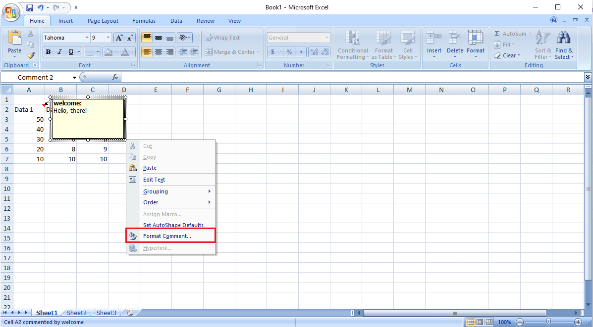 Faceți clic pe opțiunea Format comentariu. cum mutați celulele din tabel pe o foaie de lucru