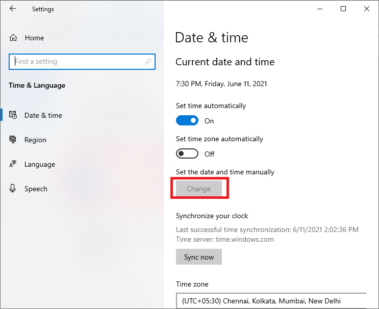 Ubah tanggal dan waktu dengan mengklik Ubah. Perbaiki Kesalahan Hulu 5005 di Windows 10