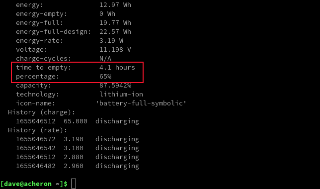 Sortie de upower avec l'adaptateur secteur débranché