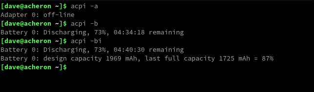 Comprobación del adaptador de CA y la batería con acpi