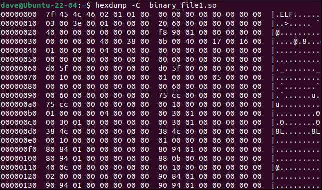 เอาต์พุตมาตรฐาน hexdump ของไบนารีไฟล์