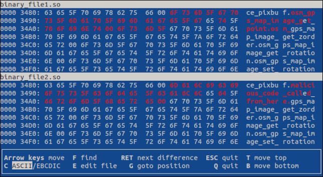 VBinDiff che evidenzia le differenze tra due file binari