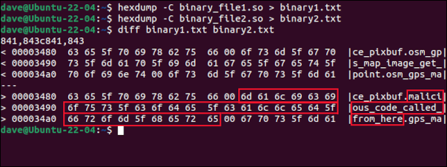 hexdump をリダイレクトして 2 つのテキスト ファイルを作成し、diff を使用してテキスト ファイルを比較する