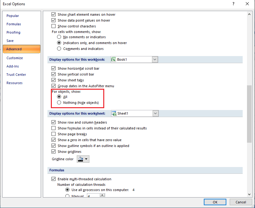 Sous Pour les objets, afficher : options sélectionnez Tout. Comment réparer l'erreur de déplacement de colonne Excel