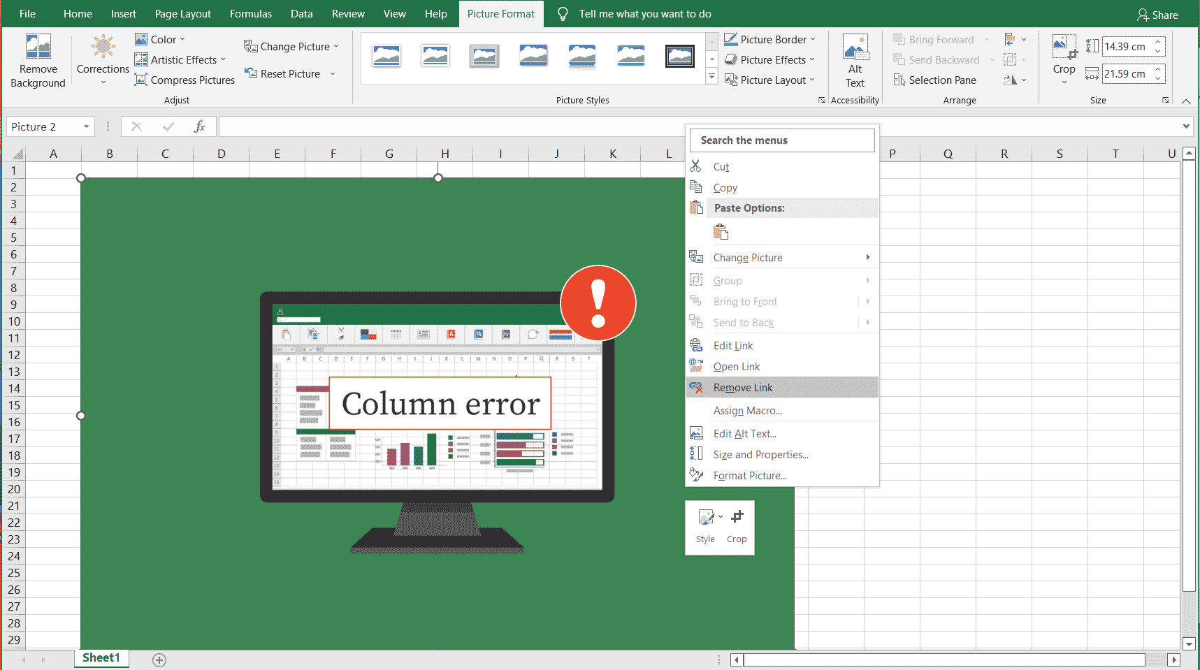 Excel clic dreapta pe imagine, selectați opțiunea Link pentru a elimina hyperlinkul