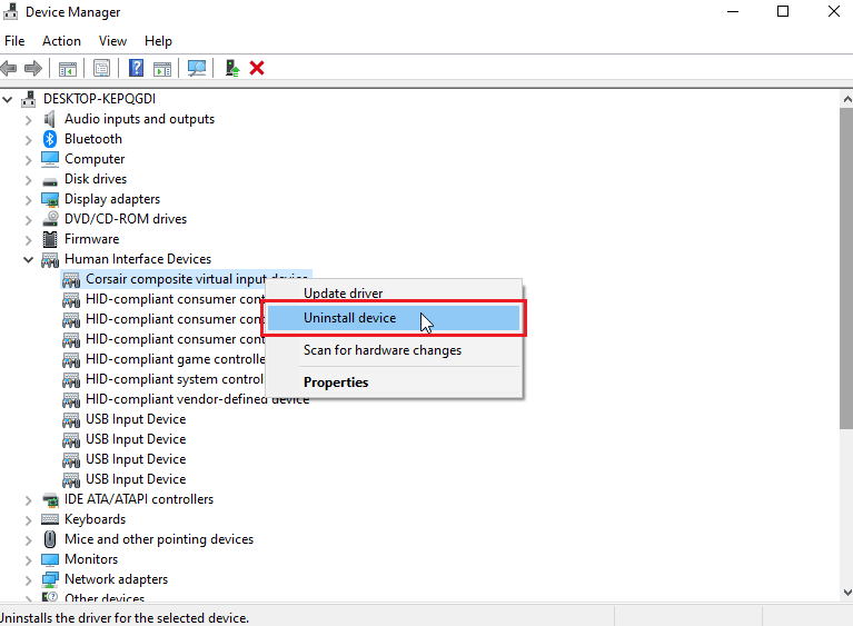 haga clic con el botón derecho en el dispositivo de entrada virtual compuesto corsair y haga clic en desinstalar dispositivo. Arreglar los botones laterales de Corsair Scimitar que no funcionan