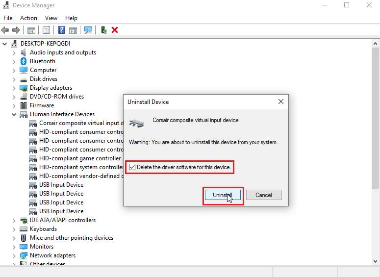 haga clic en la casilla de verificación eliminar el software del controlador para este dispositivo y haga clic en desinstalar