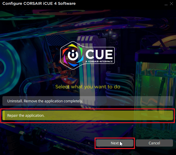 fare clic su ripara l'applicazione e fare clic su Avanti. Risolto il problema con i pulsanti laterali Scimitar Corsair non funzionanti