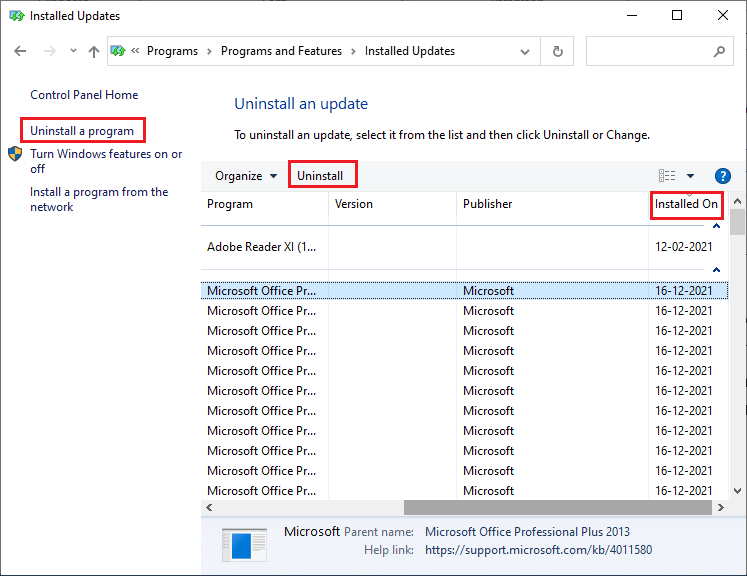 sélectionnez la mise à jour la plus récente et cliquez sur l'option Désinstaller. Correction de l'erreur de mise à jour Windows 10 0x800f0831