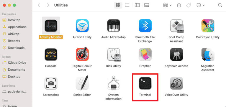 Mac Utilities menüsünde Terminal'e tıklayın