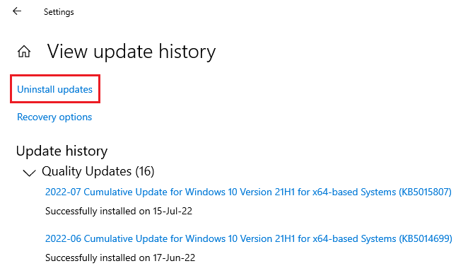 คลิกที่ถอนการติดตั้งการปรับปรุง แก้ไขข้อผิดพลาดภายใน WHEA ใน Windows 10