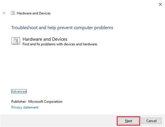 Clique no botão Avançar para executar o solucionador de problemas de hardware e dispositivos. Corrigir ERRO INTERNO WHEA no Windows 10