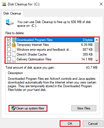 เลือกช่องทำเครื่องหมาย คลิกที่ Clean up system files และกด OK