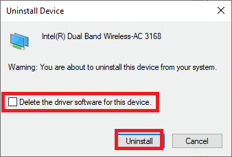 Marque la casilla eliminar el controlador y haga clic en desinstalar. Solucione el ERROR INTERNO DE WHEA en Windows 10