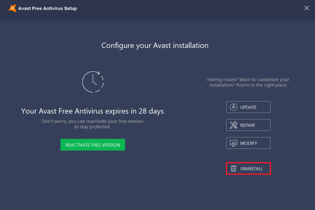 Disinstalla il software antivirus di terze parti