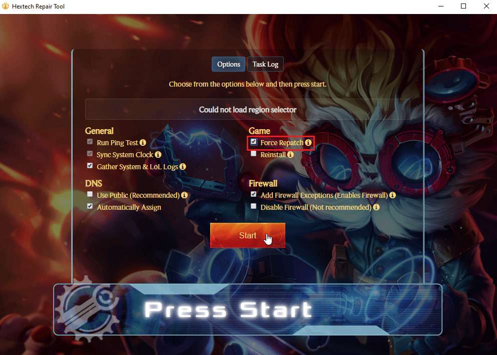 fare clic su Repatch forzato e fare clic su Start. Risolto il problema con il ping alto in League of Legends