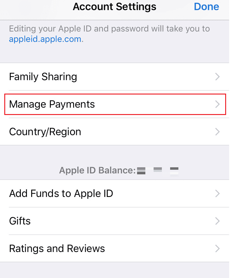 iPhone - Appuyez sur l'option Gérer les paiements et confirmez l'identité de l'utilisateur avec Touch ID ou Face ID