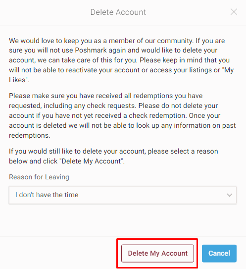 Klicken Sie auf Mein Konto löschen, um das Löschen des Poshmark-Kontos zu bestätigen | www Poshmark com-Anmeldung
