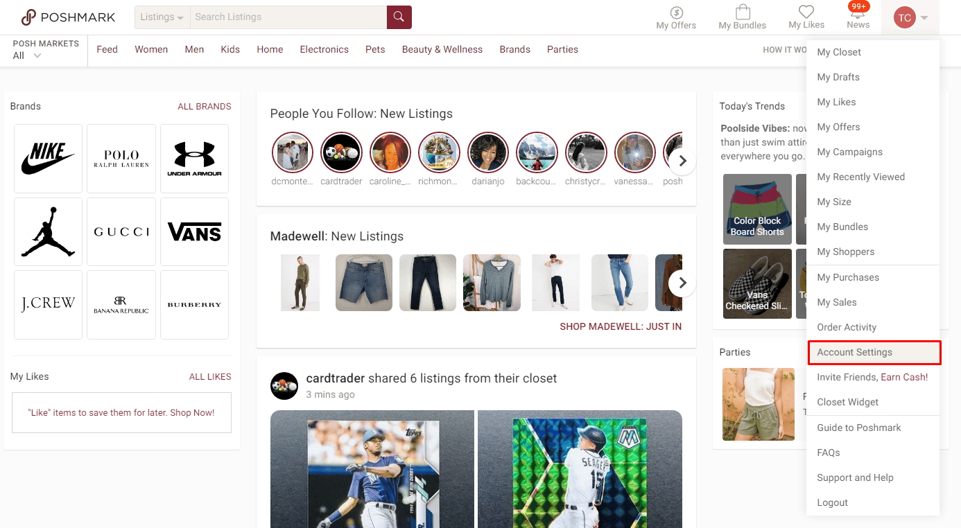 Z menu wybierz Ustawienia konta. | www Poshmark com login