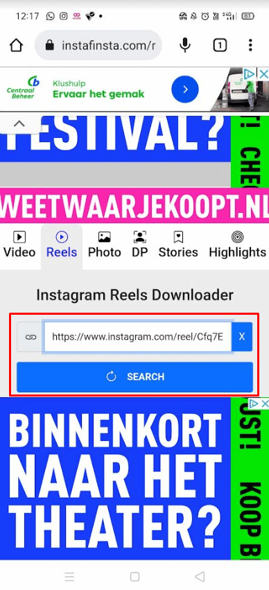 Collez le lien dans la zone Coller l'URL et appuyez sur Rechercher | Comment obtenir un TikTok complet sur Instagram Story