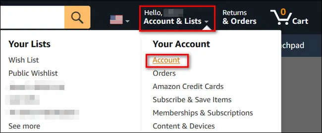 Amazon hesap sayfasına nasıl gittiğinizi gösteren bir resim.