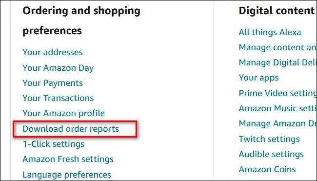 uma imagem do menu Preferências de pedidos e compras na Amazon.