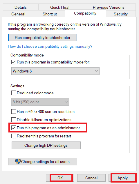 marque la opción Ejecutar este programa como administrador en la sección Configuración. Arreglar Valheim sigue fallando en Windows 10