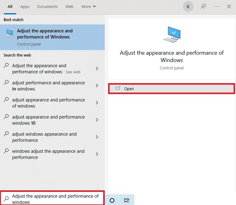 ouvrez le panneau de configuration Ajuster l'apparence et les performances de Windows