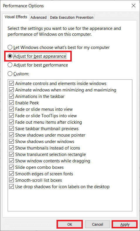 Activez l'option Ajuster pour obtenir les meilleures performances. Fix Valheim continue de planter dans Windows 10