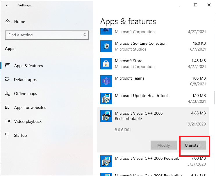 Pilih Microsoft Visual C++ dan klik Uninstall