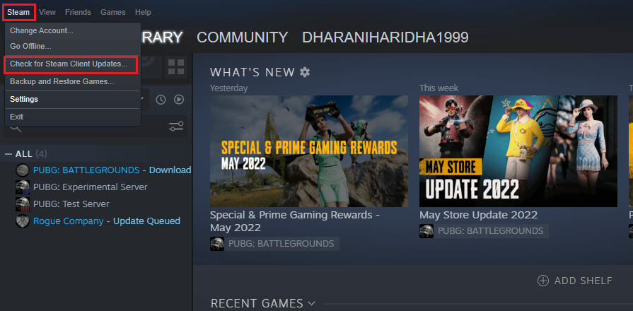 klik Steam di sudut kiri atas layar diikuti oleh Periksa Pembaruan Klien Steam ...