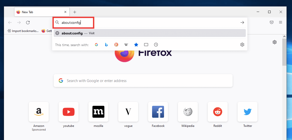 tastați about config în bara de adrese Firefox. De ce Firefox este oprit