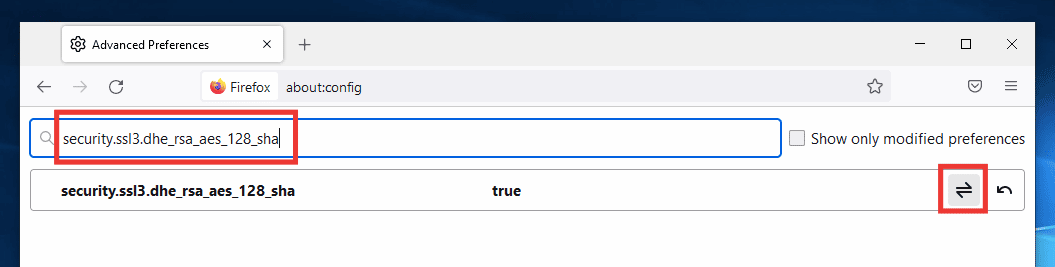 cole security.ssl3.dhe rsa aes 128 sha na caixa de diálogo de pesquisa e clique no ícone de alternância para alterar o valor para false