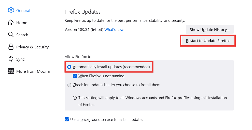 faceți clic pe restart pentru a actualiza Firefox și, de asemenea, activați opțiunea de instalare automată a actualizărilor făcând clic pe ea. Cum să remediați problema la încărcarea paginii Mozilla Firefox