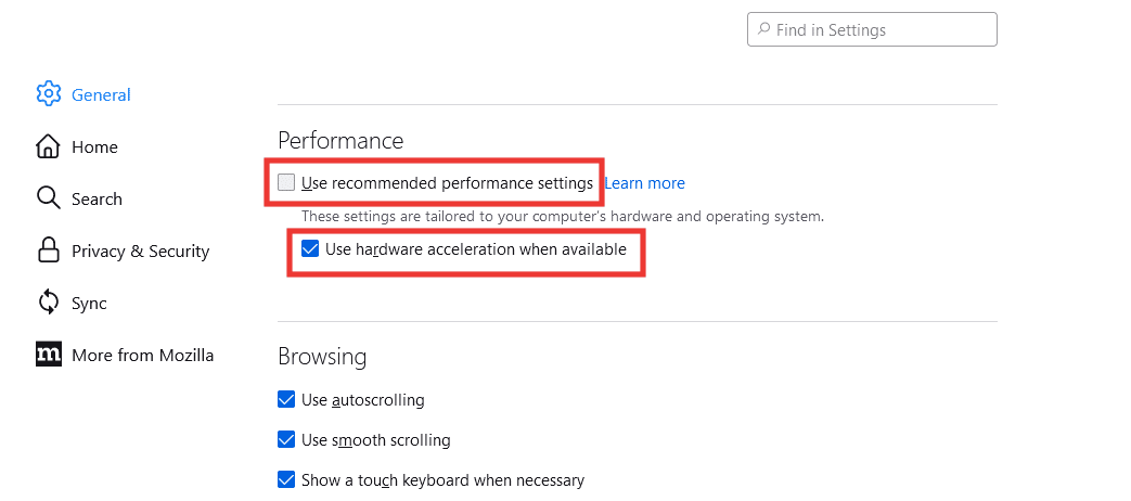 desmarque a opção de usar as configurações de desempenho recomendadas e use a aceleração de hardware quando disponível. Como corrigir o problema de carregamento da página do Mozilla Firefox