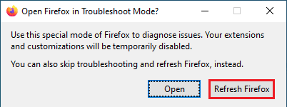 Clique no botão Atualizar Firefox na janela de confirmação Abrir Firefox no modo de solução de problemas