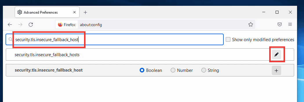 พิมพ์ security.tls.insecure fallback host ในแถบที่อยู่ firefox