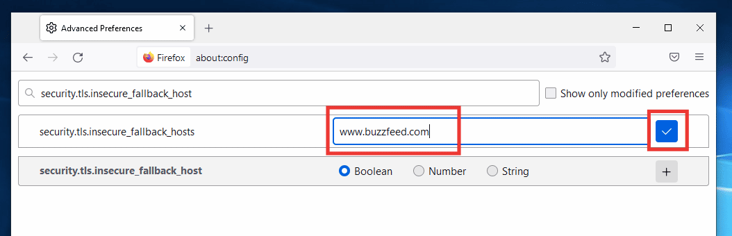 masukkan tautan situs web ke dalam kotak dialog dan klik ikon centang kanan. Cara Memperbaiki Masalah Memuat Halaman Mozilla Firefox