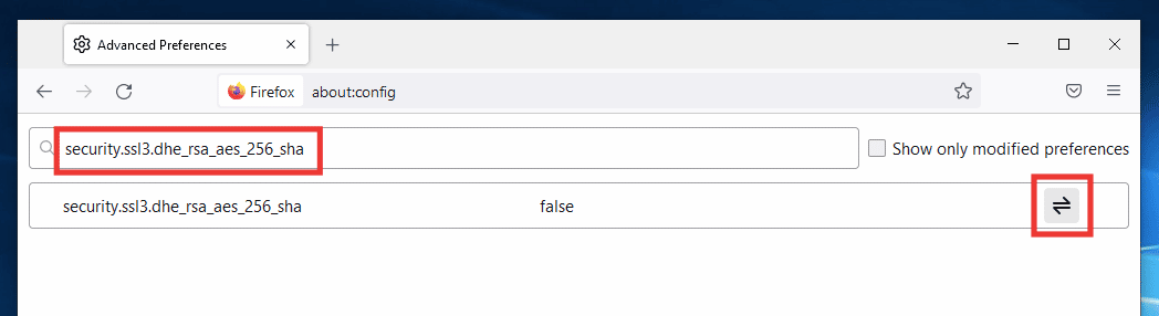 الصق security.ssl3.dhe rsa aes 256 sha في مربع حوار البحث وانقر على أيقونة التبديل لتغيير القيمة إلى خطأ