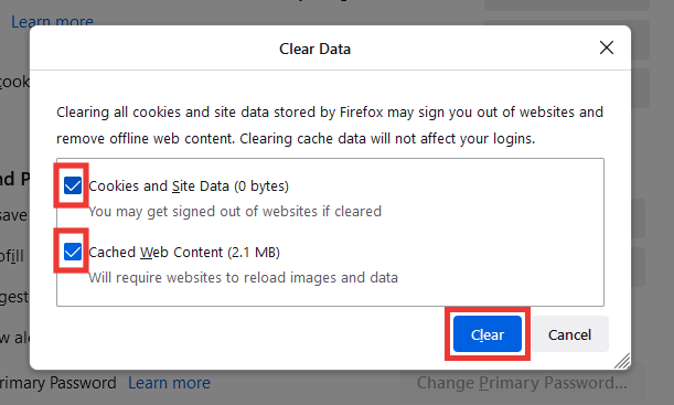 verifique as opções de cookies e conteúdo da web em cache e clique em limpar