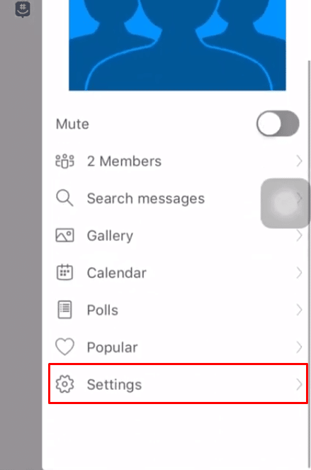 Teraz w menu grupy wybierz opcję Ustawienia. | Jak możesz opuścić czat GroupMe?